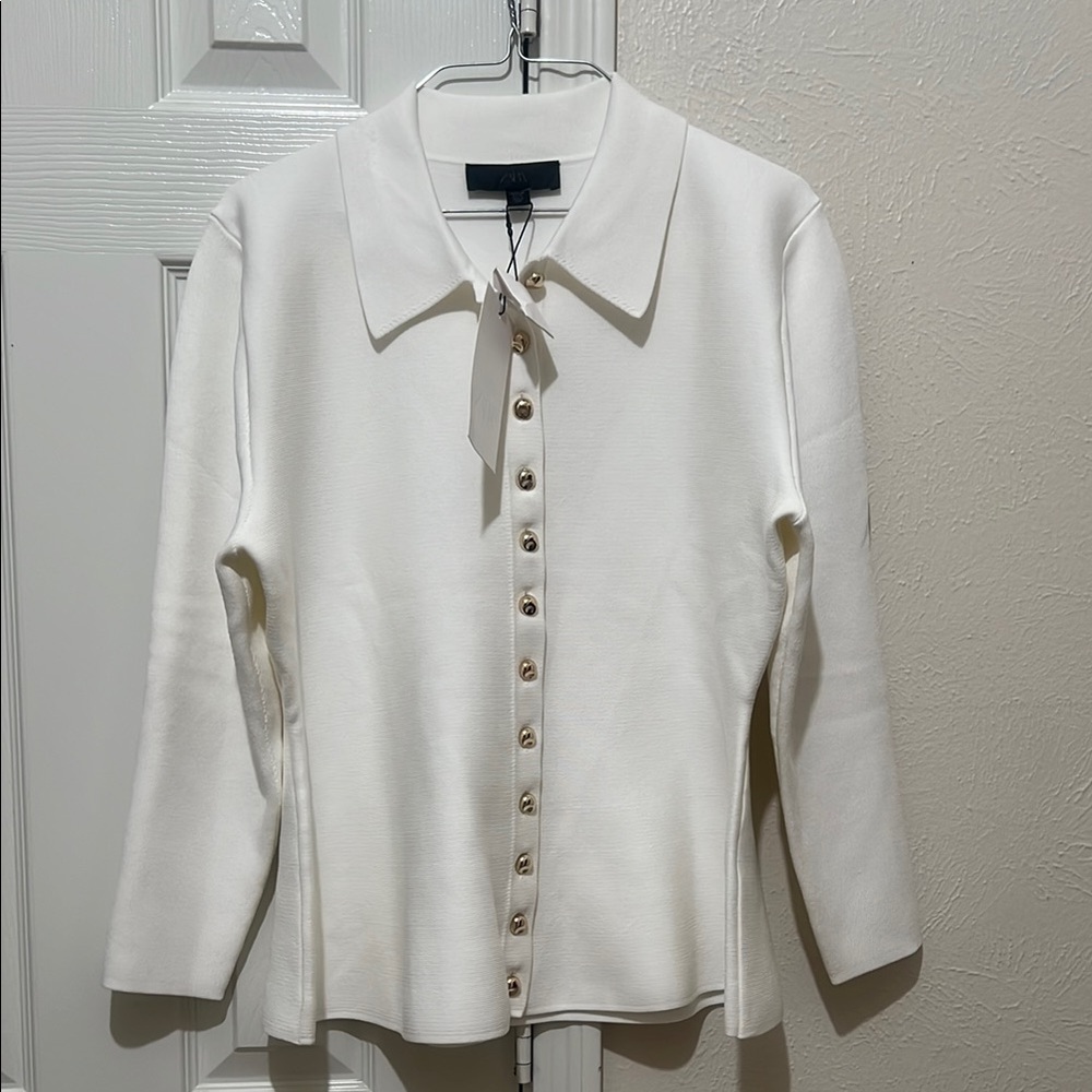 Zara ( BRAND NEW W/TAGS) White Button-Up Cardigan with gold buttons